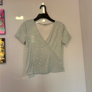 Pink Rose Floral V-Neck Crop Top - Mint